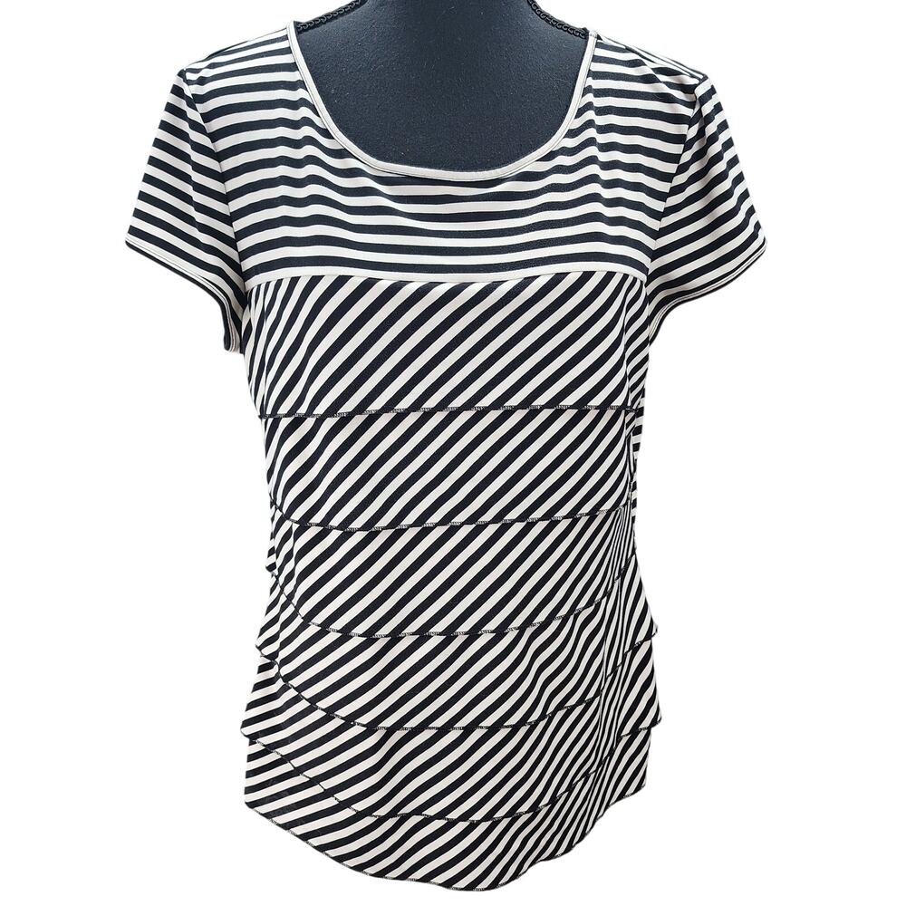 Laundry Shelly Segal Top L 90s Boho Tiered Black White Striped Layering Shirt - Picture 2 of 13